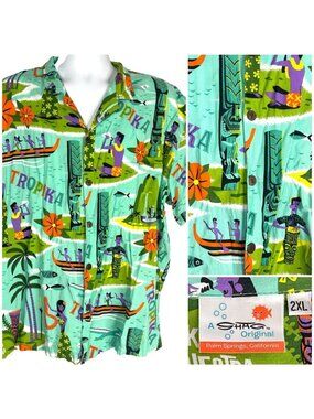 Shag Tikiyaki Orchestra Tropika Mens Hawaiian Shirt size 2XL/XL 53x27 Short Tiki